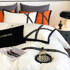 Flytonn-Luxury Black Gold Cross Patchwork Embroidery Bedding Set 1000TC Egyptian Cotton White Orange Duvet Cover Bed Sheet Pillowcases