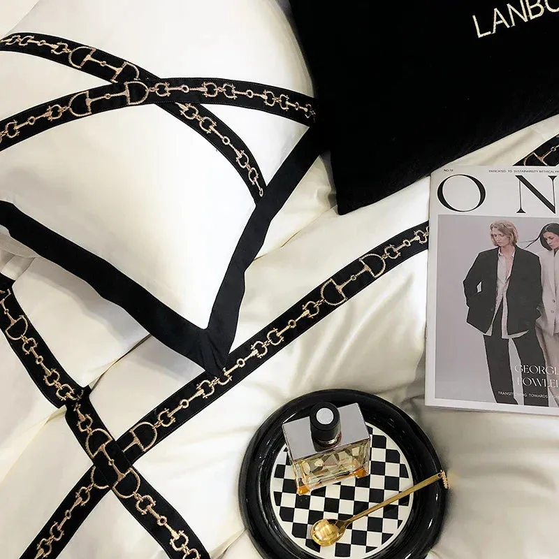 Flytonn-Luxury Black Gold Cross Patchwork Embroidery Bedding Set 1000TC Egyptian Cotton White Orange Duvet Cover Bed Sheet Pillowcases