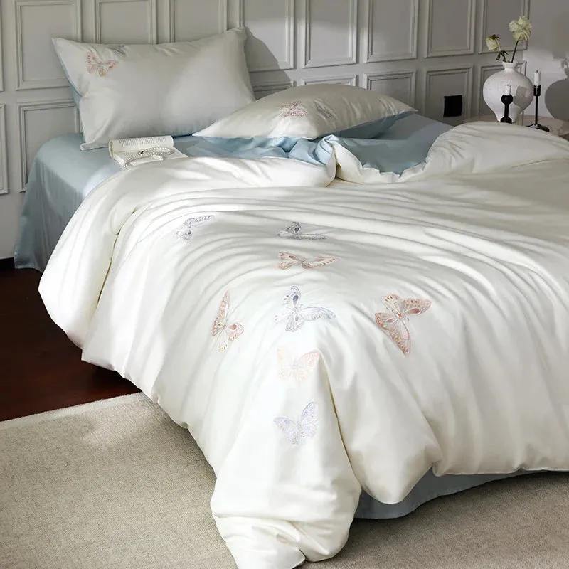 Flytonn-Luxury Butterfly Embroidery Lyocell Cotton Soft Silky Cool Feeling Skin Friendly Bedding Set Duvet Cover Bed Sheet Pillowcases
