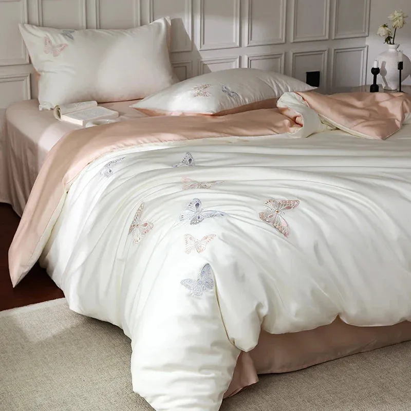 Flytonn-Luxury Butterfly Embroidery Lyocell Cotton Soft Silky Cool Feeling Skin Friendly Bedding Set Duvet Cover Bed Sheet Pillowcases