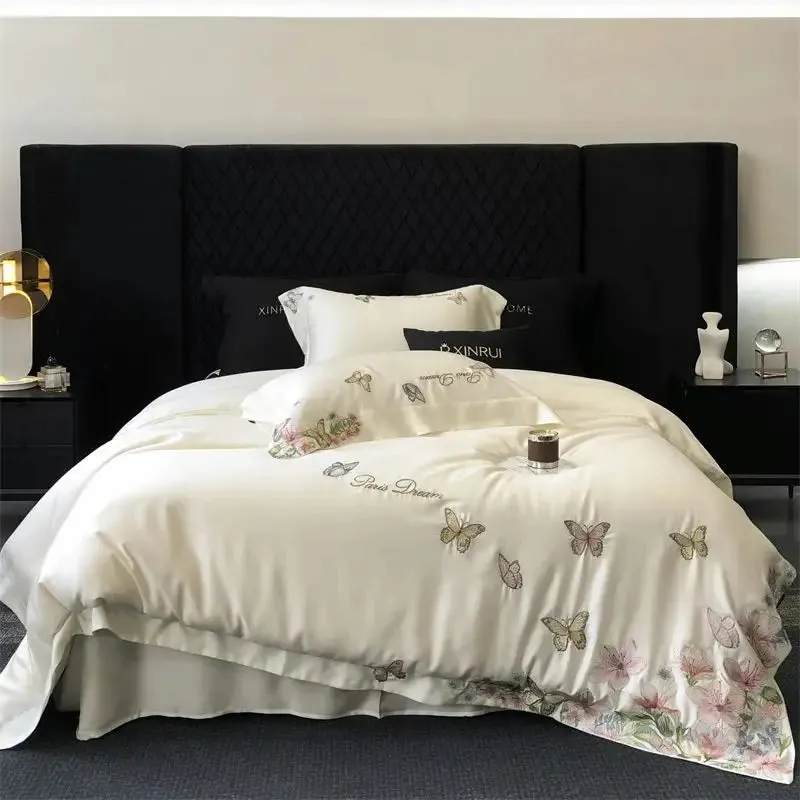 Flytonn-Luxury Butterfly Flowers Embroidery Bedding Set Lyocell Eucalyptus Fiber Soft Silky Breathable Duvet Cover Bed Sheet Pillowcases