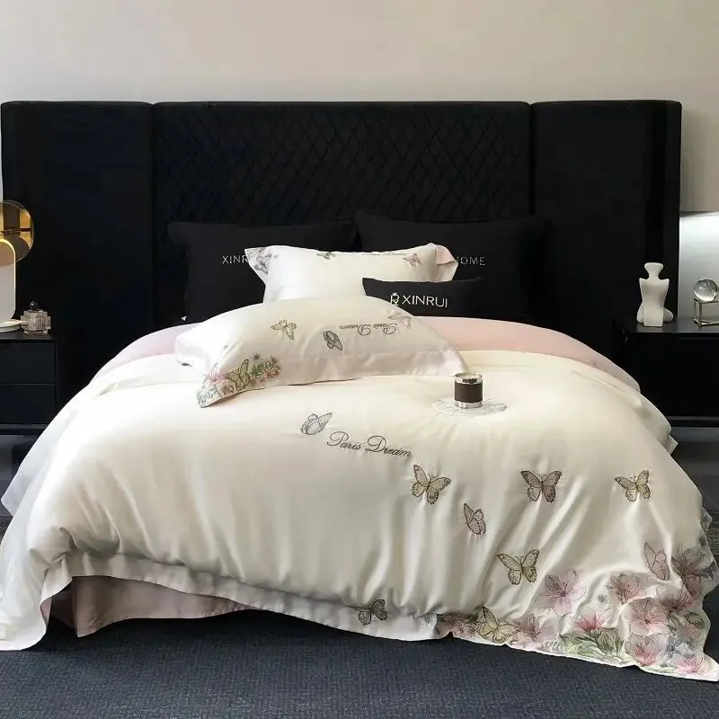 Flytonn-Luxury Butterfly Flowers Embroidery Bedding Set Lyocell Eucalyptus Fiber Soft Silky Breathable Duvet Cover Bed Sheet Pillowcases