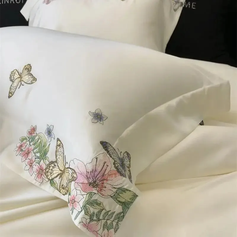 Flytonn-Luxury Butterfly Flowers Embroidery Bedding Set Lyocell Eucalyptus Fiber Soft Silky Breathable Duvet Cover Bed Sheet Pillowcases