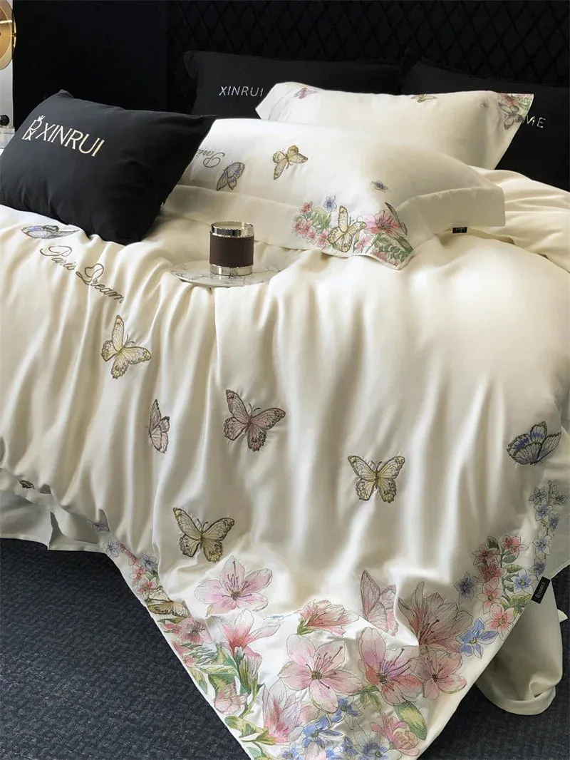 Flytonn-Luxury Butterfly Flowers Embroidery Bedding Set Lyocell Eucalyptus Fiber Soft Silky Breathable Duvet Cover Bed Sheet Pillowcases