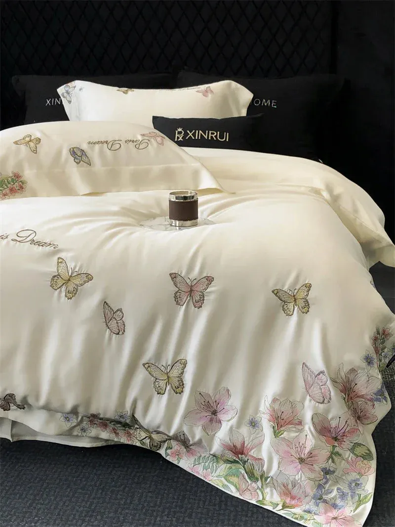 Flytonn-Luxury Butterfly Flowers Embroidery Bedding Set Lyocell Eucalyptus Fiber Soft Silky Breathable Duvet Cover Bed Sheet Pillowcases