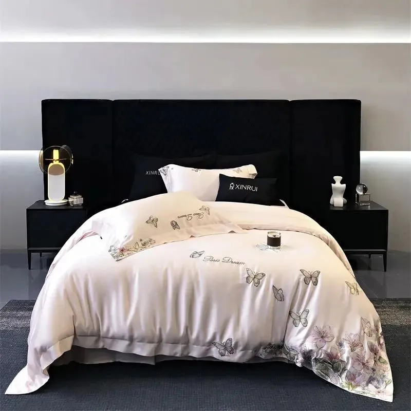Flytonn-Luxury Butterfly Flowers Embroidery Bedding Set Lyocell Eucalyptus Fiber Soft Silky Breathable Duvet Cover Bed Sheet Pillowcases