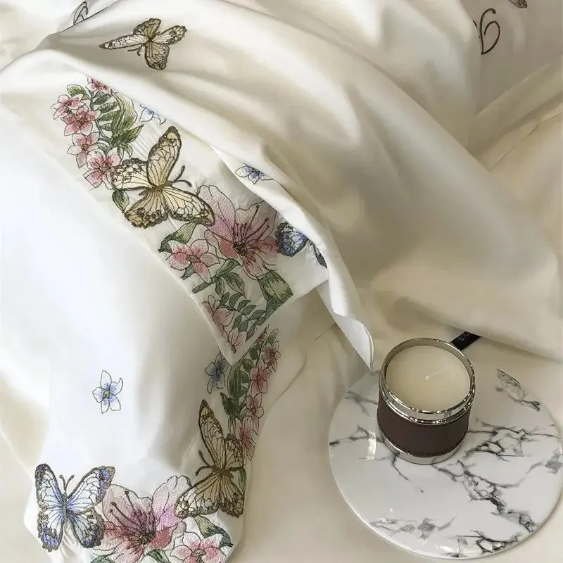 Flytonn-Luxury Butterfly Flowers Embroidery Bedding Set Lyocell Eucalyptus Fiber Soft Silky Breathable Duvet Cover Bed Sheet Pillowcases