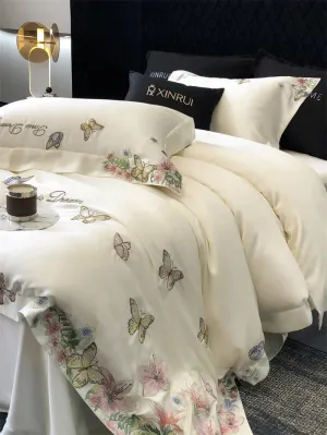 Flytonn-Luxury Butterfly Flowers Embroidery Bedding Set Lyocell Eucalyptus Fiber Soft Silky Breathable Duvet Cover Bed Sheet Pillowcases