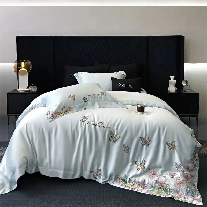 Flytonn-Luxury Butterfly Flowers Embroidery Bedding Set Lyocell Eucalyptus Fiber Soft Silky Breathable Duvet Cover Bed Sheet Pillowcases