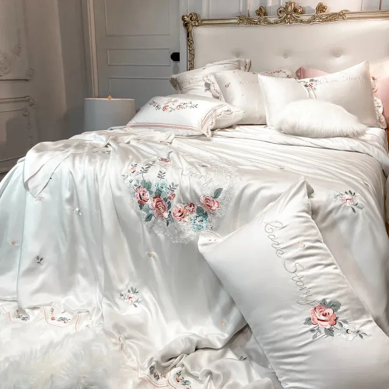 Flytonn-Luxury White Pastoral Flower Embroidery Lyocell Eucalyptus Fiber Bedding Set, Queen, King Duvet Cover, Bed Sheet, Pillowcases