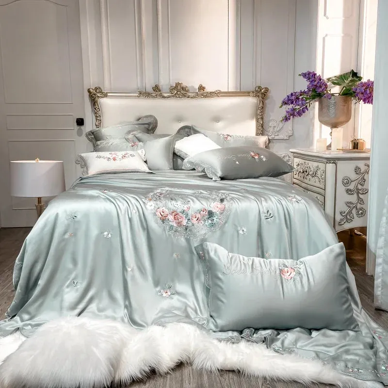 Flytonn-Luxury White Pastoral Flower Embroidery Lyocell Eucalyptus Fiber Bedding Set, Queen, King Duvet Cover, Bed Sheet, Pillowcases
