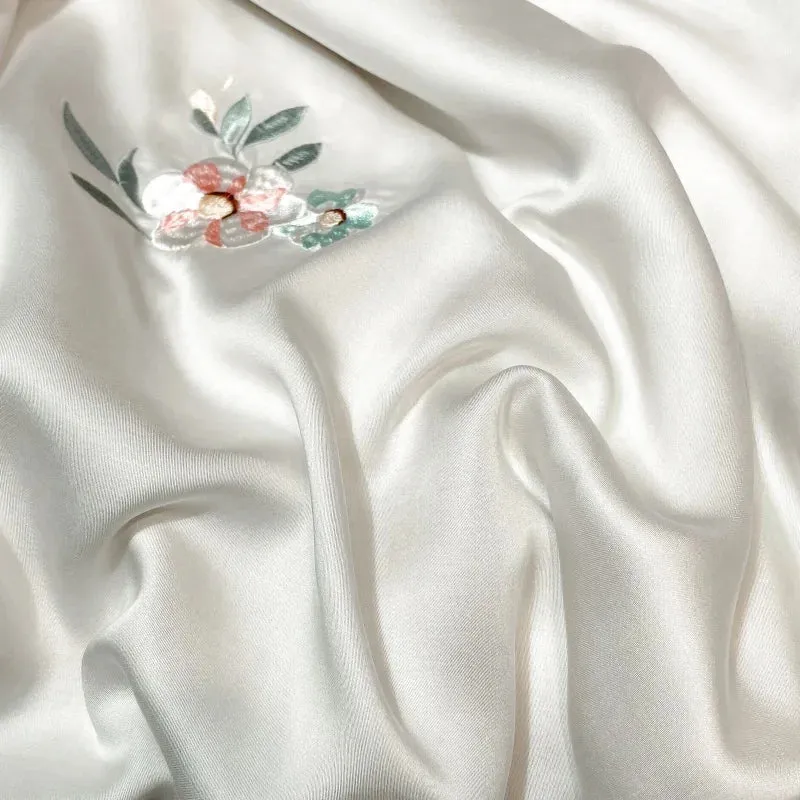 Flytonn-Luxury White Pastoral Flower Embroidery Lyocell Eucalyptus Fiber Bedding Set, Queen, King Duvet Cover, Bed Sheet, Pillowcases