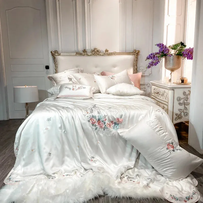 Flytonn-Luxury White Pastoral Flower Embroidery Lyocell Eucalyptus Fiber Bedding Set, Queen, King Duvet Cover, Bed Sheet, Pillowcases