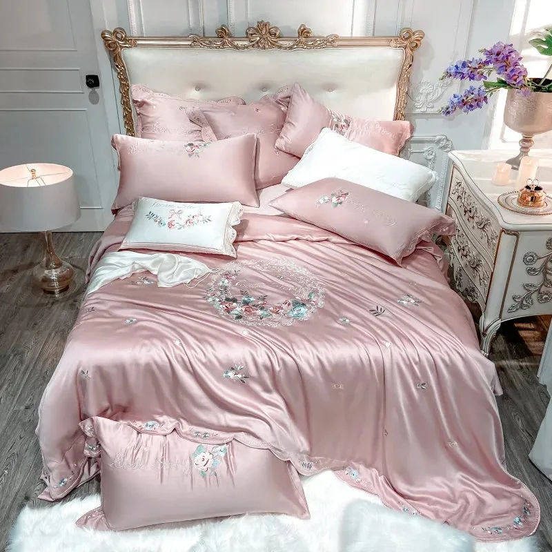 Flytonn-Luxury White Pastoral Flower Embroidery Lyocell Eucalyptus Fiber Bedding Set, Queen, King Duvet Cover, Bed Sheet, Pillowcases