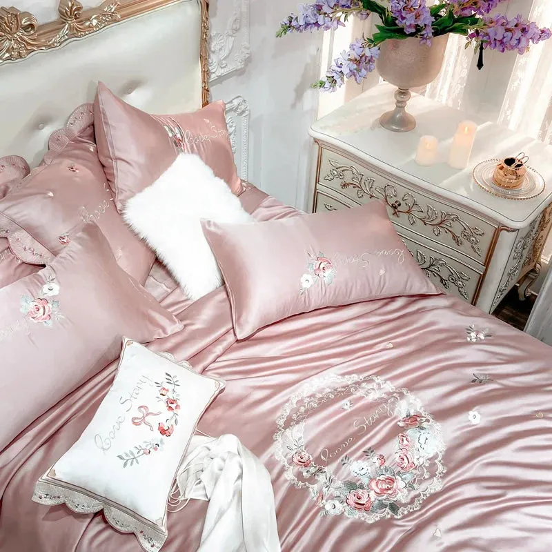 Flytonn-Luxury White Pastoral Flower Embroidery Lyocell Eucalyptus Fiber Bedding Set, Queen, King Duvet Cover, Bed Sheet, Pillowcases