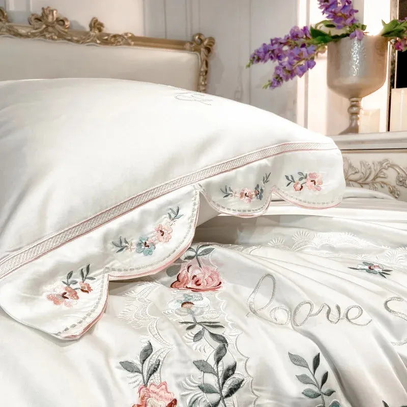 Flytonn-Luxury White Pastoral Flower Embroidery Lyocell Eucalyptus Fiber Bedding Set, Queen, King Duvet Cover, Bed Sheet, Pillowcases