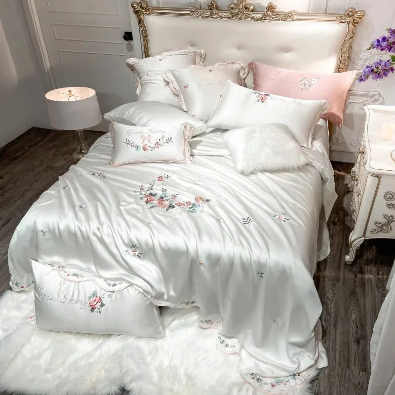 Flytonn-Luxury White Pastoral Flower Embroidery Lyocell Eucalyptus Fiber Bedding Set, Queen, King Duvet Cover, Bed Sheet, Pillowcases