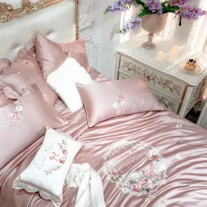 Flytonn-Luxury White Pastoral Flower Embroidery Lyocell Eucalyptus Fiber Bedding Set, Queen, King Duvet Cover, Bed Sheet, Pillowcases