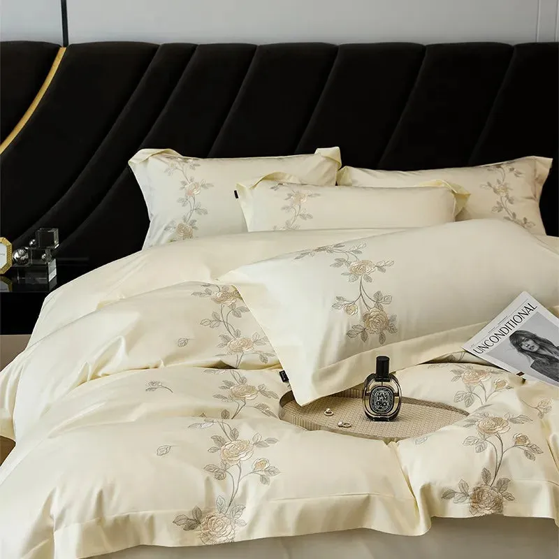 Flytonn-Rose Flowers Embroidery Luxury Bedding Set, Duvet Cover Set, Flat, Fitted Bed Sheet, Pillowcases, Egyptian Cotton, High Quality
