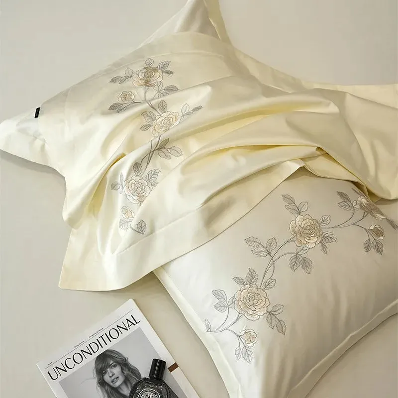 Flytonn-Rose Flowers Embroidery Luxury Bedding Set, Duvet Cover Set, Flat, Fitted Bed Sheet, Pillowcases, Egyptian Cotton, High Quality