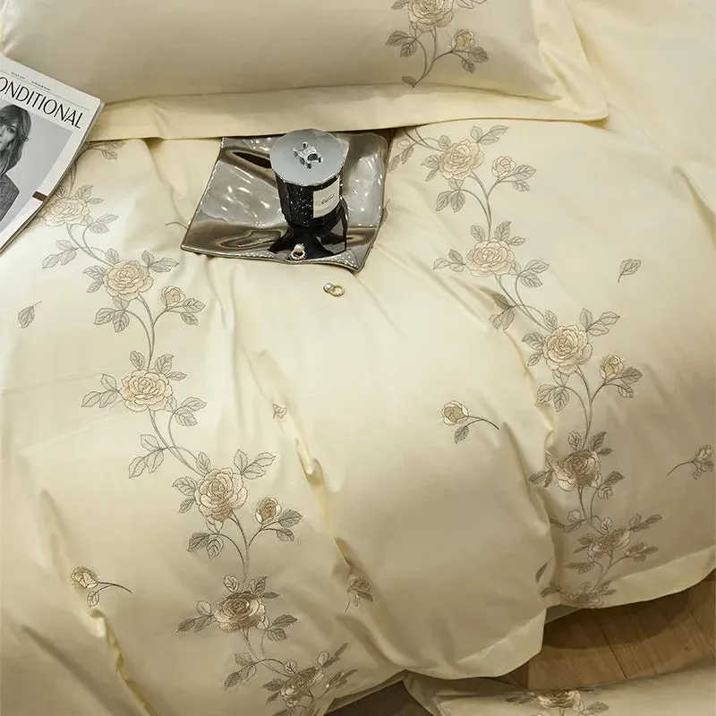 Flytonn-Rose Flowers Embroidery Luxury Bedding Set, Duvet Cover Set, Flat, Fitted Bed Sheet, Pillowcases, Egyptian Cotton, High Quality