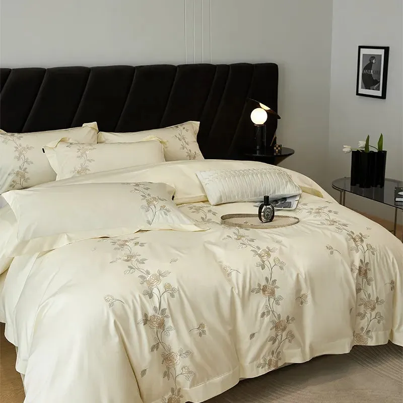 Flytonn-Rose Flowers Embroidery Luxury Bedding Set, Duvet Cover Set, Flat, Fitted Bed Sheet, Pillowcases, Egyptian Cotton, High Quality