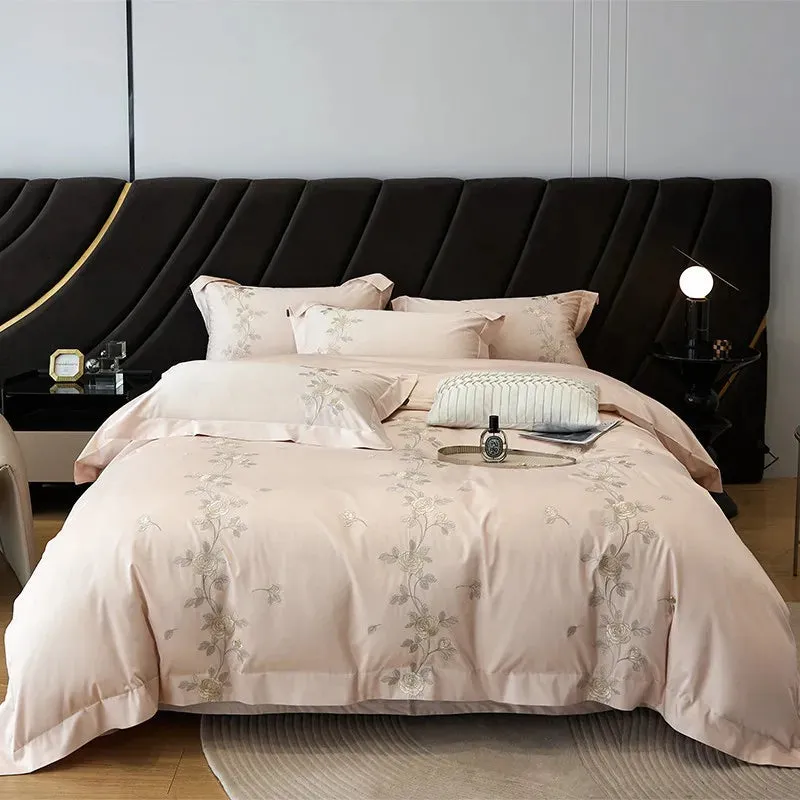 Flytonn-Rose Flowers Embroidery Luxury Bedding Set, Duvet Cover Set, Flat, Fitted Bed Sheet, Pillowcases, Egyptian Cotton, High Quality