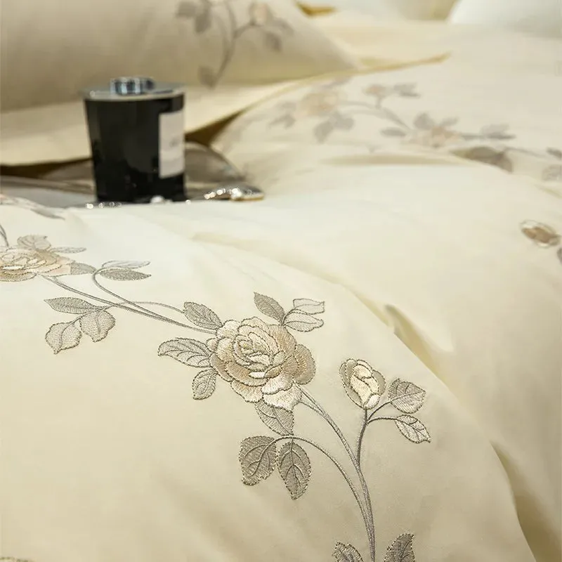 Flytonn-Rose Flowers Embroidery Luxury Bedding Set, Duvet Cover Set, Flat, Fitted Bed Sheet, Pillowcases, Egyptian Cotton, High Quality