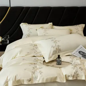 Flytonn-Rose Flowers Embroidery Luxury Bedding Set, Duvet Cover Set, Flat, Fitted Bed Sheet, Pillowcases, Egyptian Cotton, High Quality