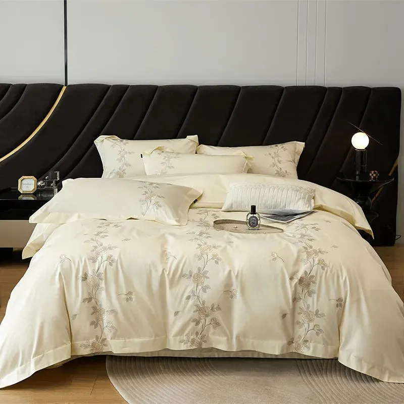 Flytonn-Rose Flowers Embroidery Luxury Bedding Set, Duvet Cover Set, Flat, Fitted Bed Sheet, Pillowcases, Egyptian Cotton, High Quality