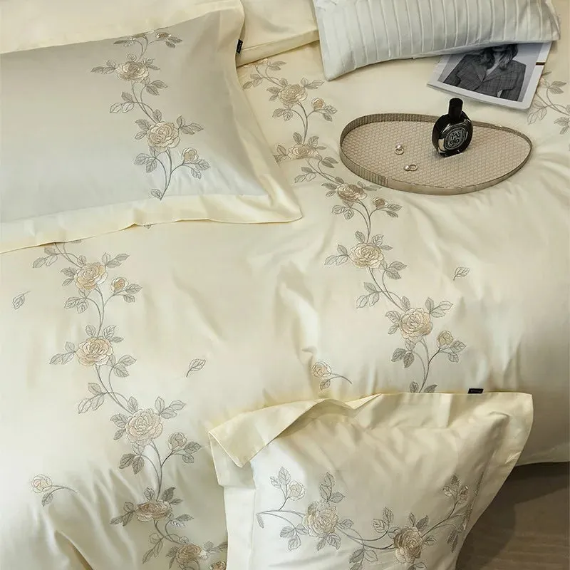Flytonn-Rose Flowers Embroidery Luxury Bedding Set, Duvet Cover Set, Flat, Fitted Bed Sheet, Pillowcases, Egyptian Cotton, High Quality