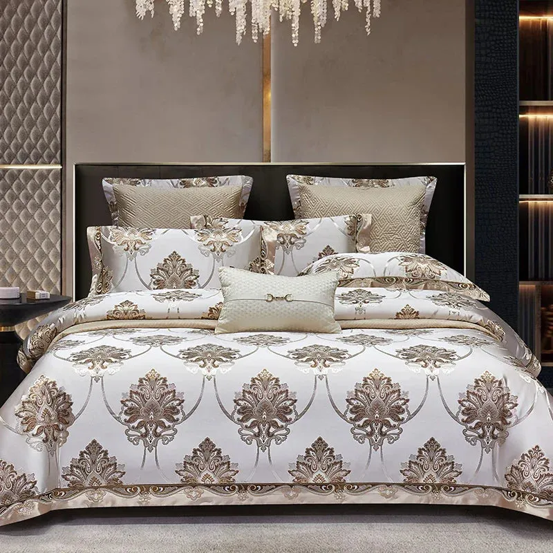 Flytonn-Satin Jacquard Egyptian Cotton Bedding Set, Silky Duvet Cover, Bed Sheet, Pillowcases, Luxury European Style, 4 Pcs, 6Pcs