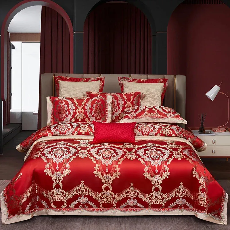 Flytonn-Satin Jacquard Egyptian Cotton Bedding Set, Silky Duvet Cover, Bed Sheet, Pillowcases, Luxury European Style, 4 Pcs, 6Pcs