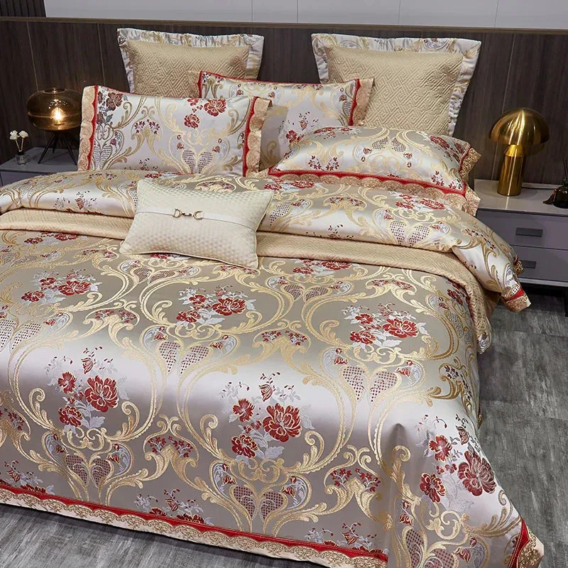 Flytonn-Satin Jacquard Egyptian Cotton Bedding Set, Silky Duvet Cover, Bed Sheet, Pillowcases, Luxury European Style, 4 Pcs, 6Pcs