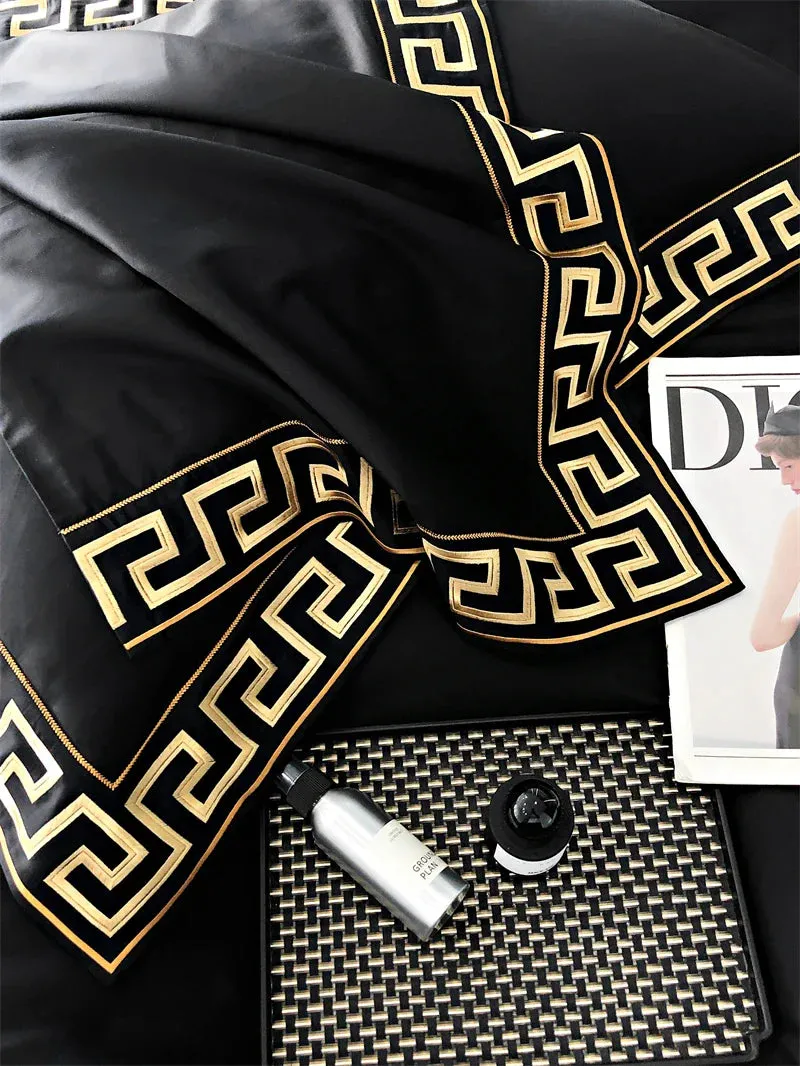 Flytonn-Vintage Gold Embroidery Duvet Cover Set, Black, 1000TC, Egyptian Cotton Bedding Set, Double, Queen, King Bed Sheet, Pillowcases