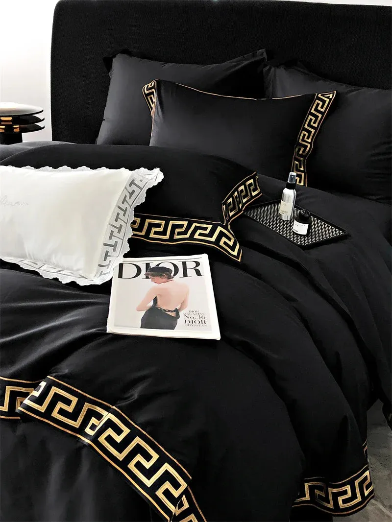 Flytonn-Vintage Gold Embroidery Duvet Cover Set, Black, 1000TC, Egyptian Cotton Bedding Set, Double, Queen, King Bed Sheet, Pillowcases