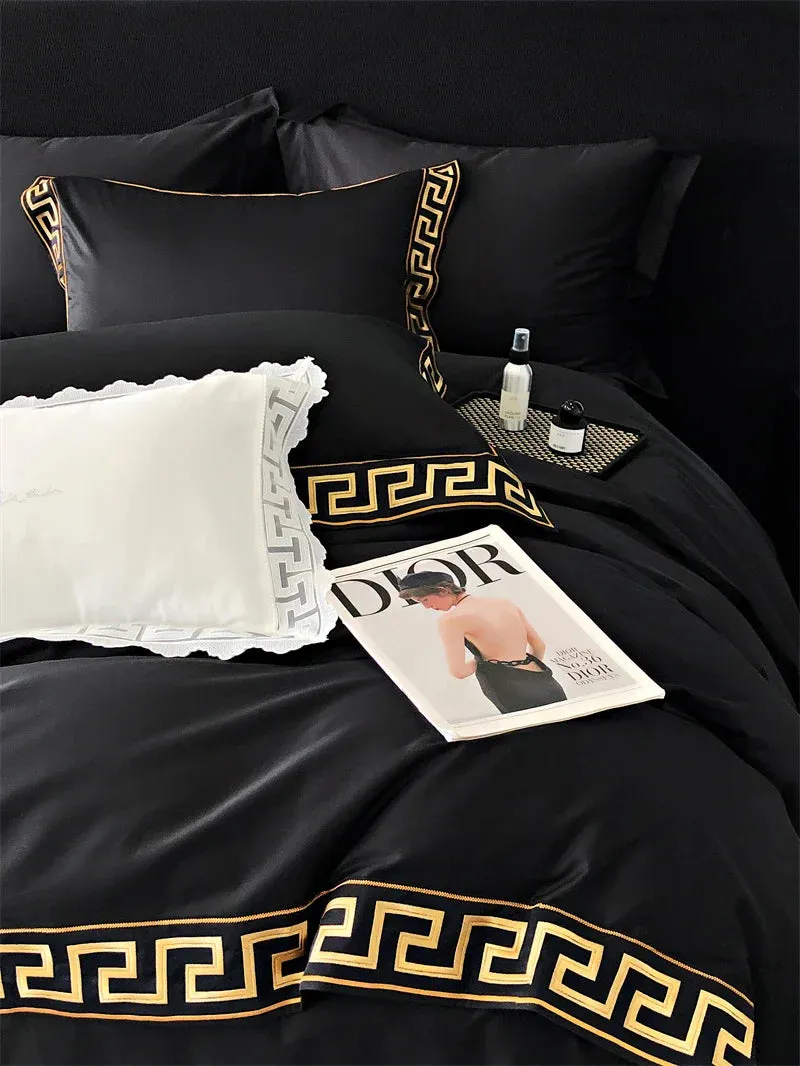 Flytonn-Vintage Gold Embroidery Duvet Cover Set, Black, 1000TC, Egyptian Cotton Bedding Set, Double, Queen, King Bed Sheet, Pillowcases