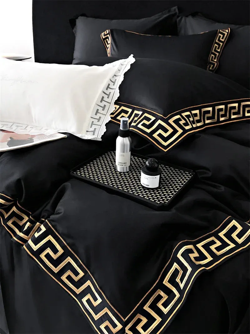Flytonn-Vintage Gold Embroidery Duvet Cover Set, Black, 1000TC, Egyptian Cotton Bedding Set, Double, Queen, King Bed Sheet, Pillowcases