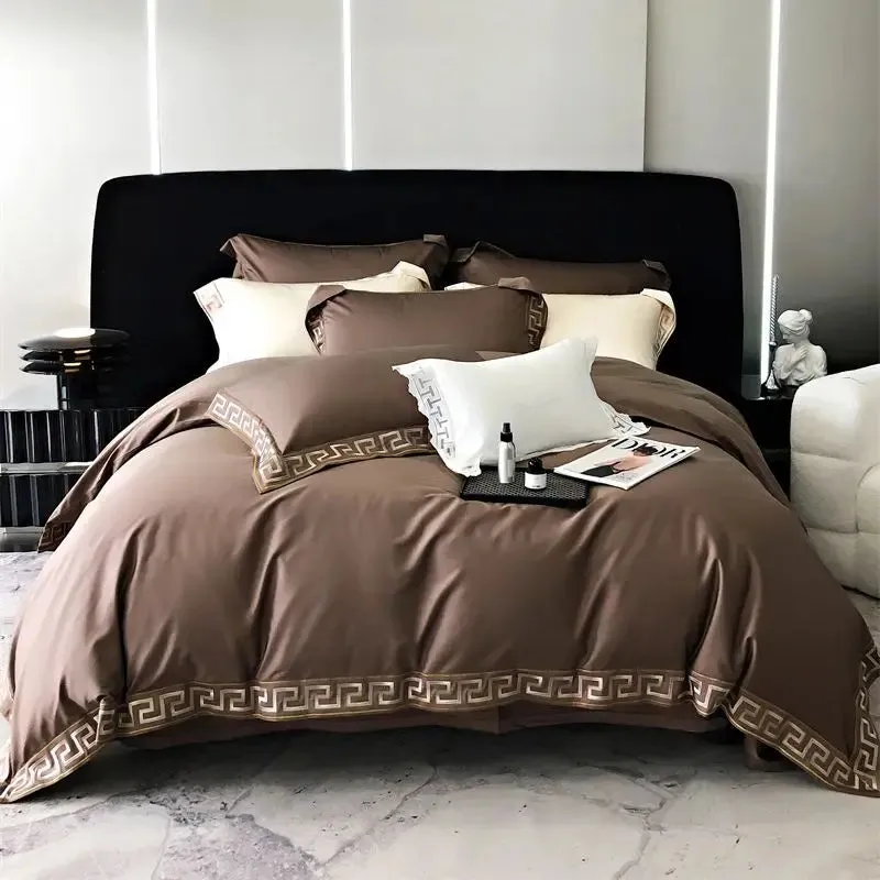 Flytonn-Vintage Gold Embroidery Duvet Cover Set, Black, 1000TC, Egyptian Cotton Bedding Set, Double, Queen, King Bed Sheet, Pillowcases