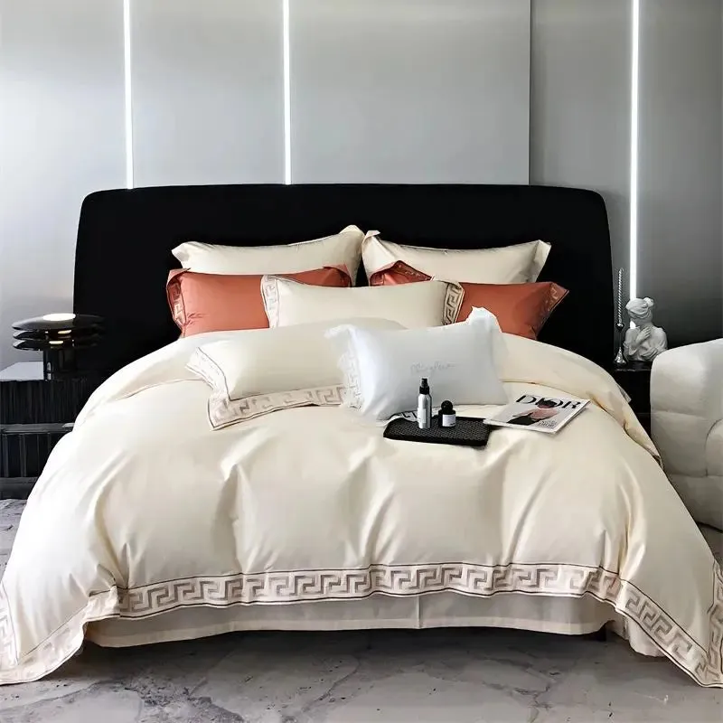 Flytonn-Vintage Gold Embroidery Duvet Cover Set, Black, 1000TC, Egyptian Cotton Bedding Set, Double, Queen, King Bed Sheet, Pillowcases