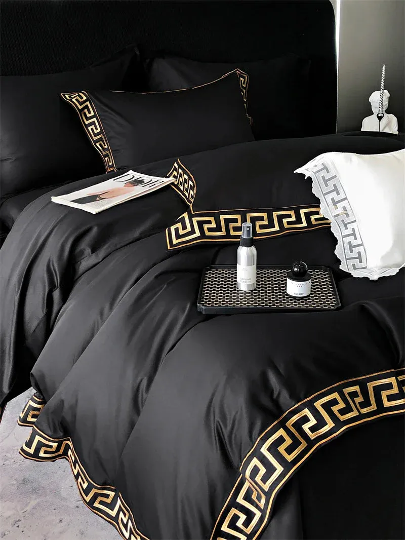 Flytonn-Vintage Gold Embroidery Duvet Cover Set, Black, 1000TC, Egyptian Cotton Bedding Set, Double, Queen, King Bed Sheet, Pillowcases