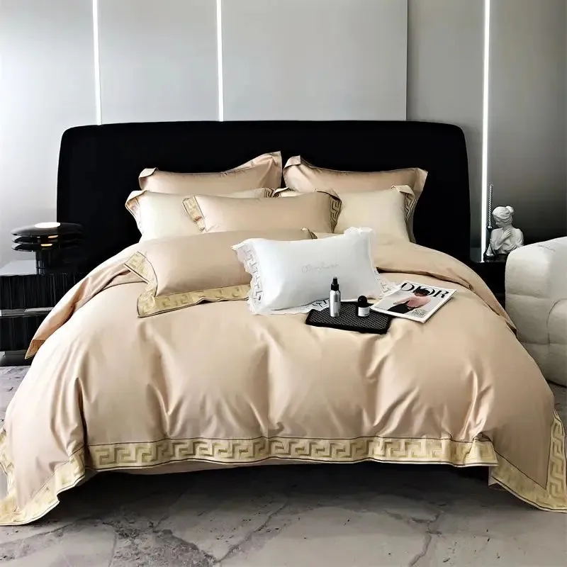 Flytonn-Vintage Gold Embroidery Duvet Cover Set, Black, 1000TC, Egyptian Cotton Bedding Set, Double, Queen, King Bed Sheet, Pillowcases