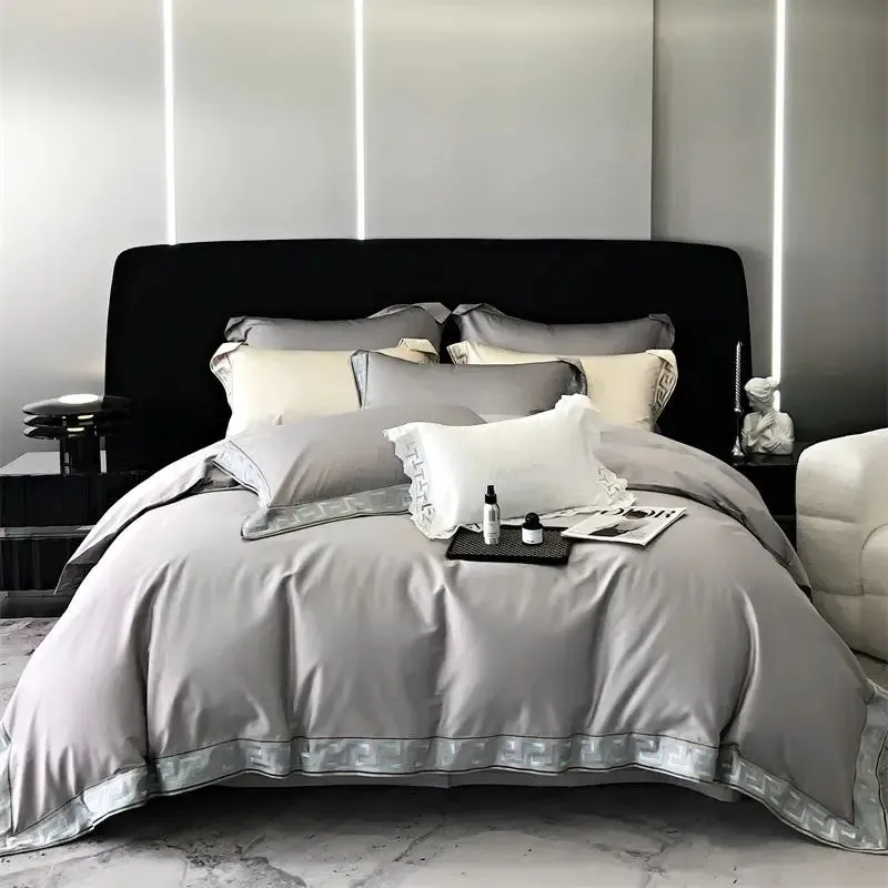 Flytonn-Vintage Gold Embroidery Duvet Cover Set, Black, 1000TC, Egyptian Cotton Bedding Set, Double, Queen, King Bed Sheet, Pillowcases