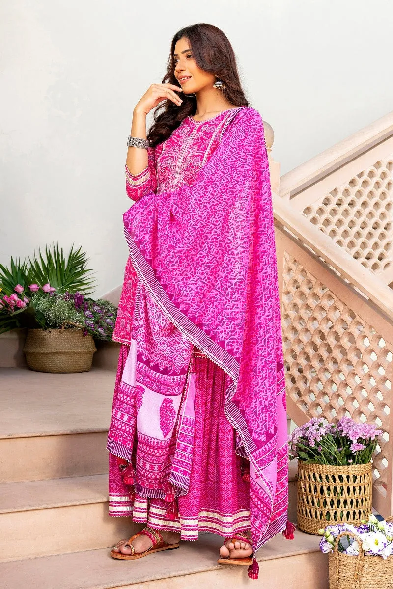 Gulbahar Printed Pink Embroidered Straight Kurta With Sharara & Dupatta