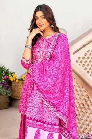 Gulbahar Printed Pink Embroidered Straight Kurta With Sharara & Dupatta