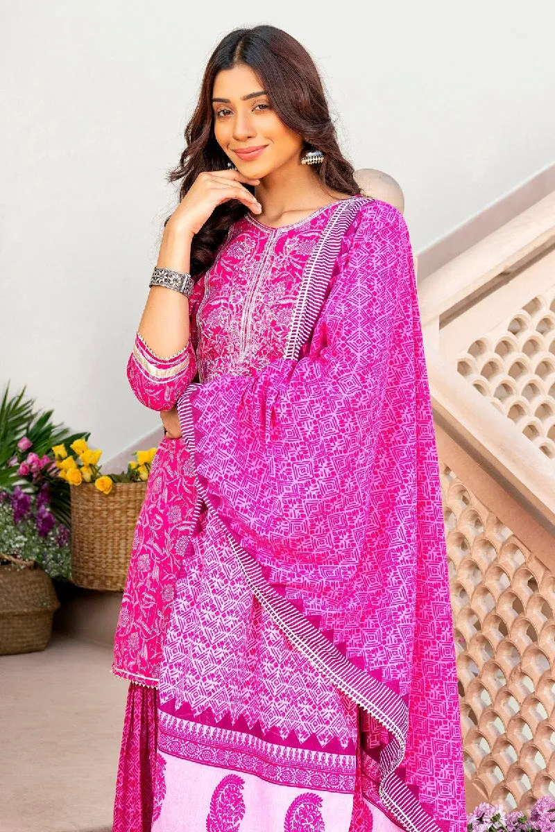 Gulbahar Printed Pink Embroidered Straight Kurta With Sharara & Dupatta