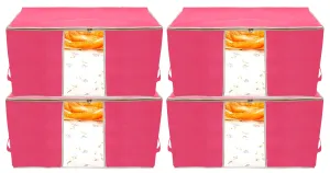 Heart Home Foldable Non Woven Clothes Storage Bag Wardrobe Organizer Underbed Bag With Tranasparent Window- Pack of 4 (Pink)-HS43HEARTH26733