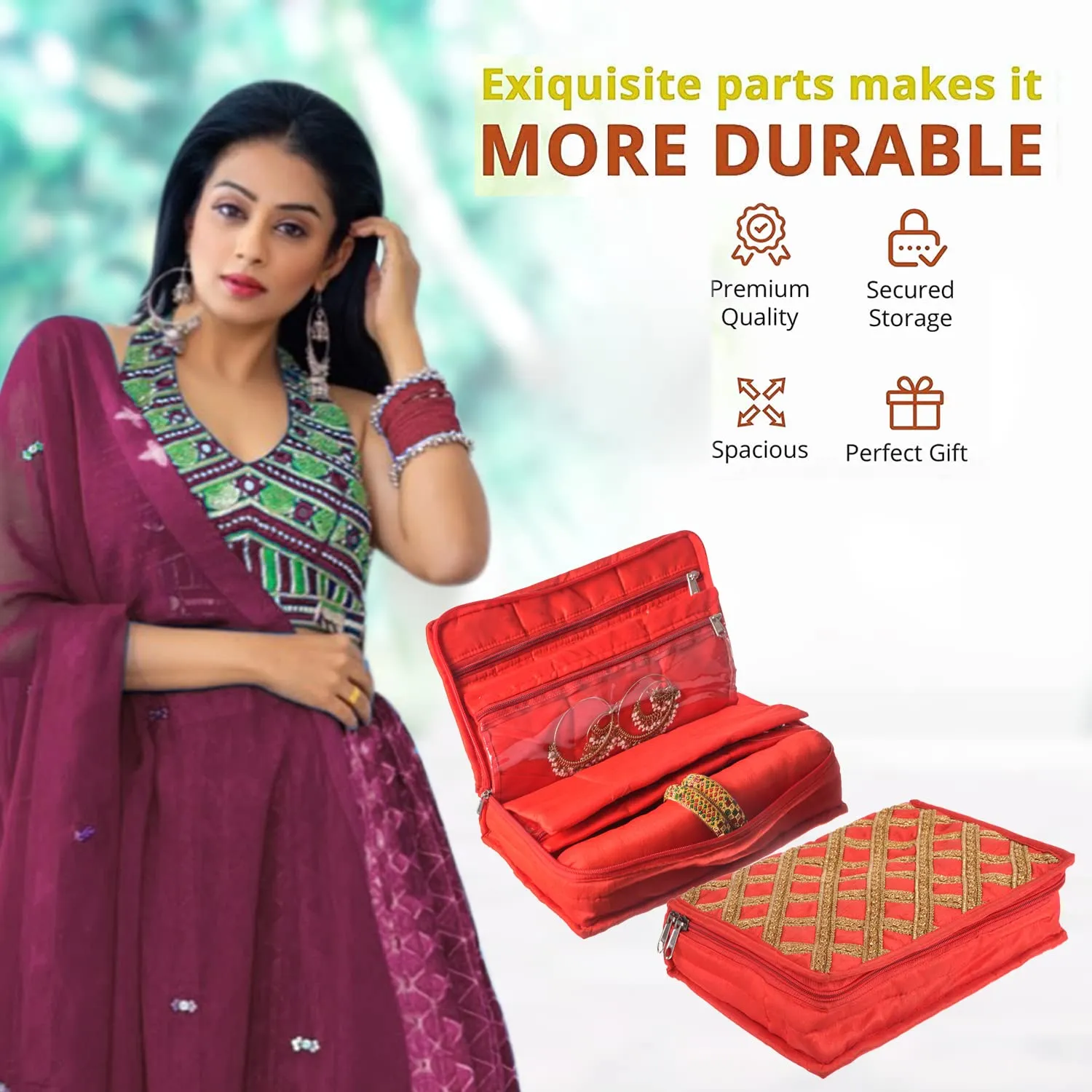 Heart Home Jewellery Organizer | Polyester Gota Lace Check Design Vanity Organizer | 4 Transparent Pouch & 1 Compartment Cosmatic Kit | Red