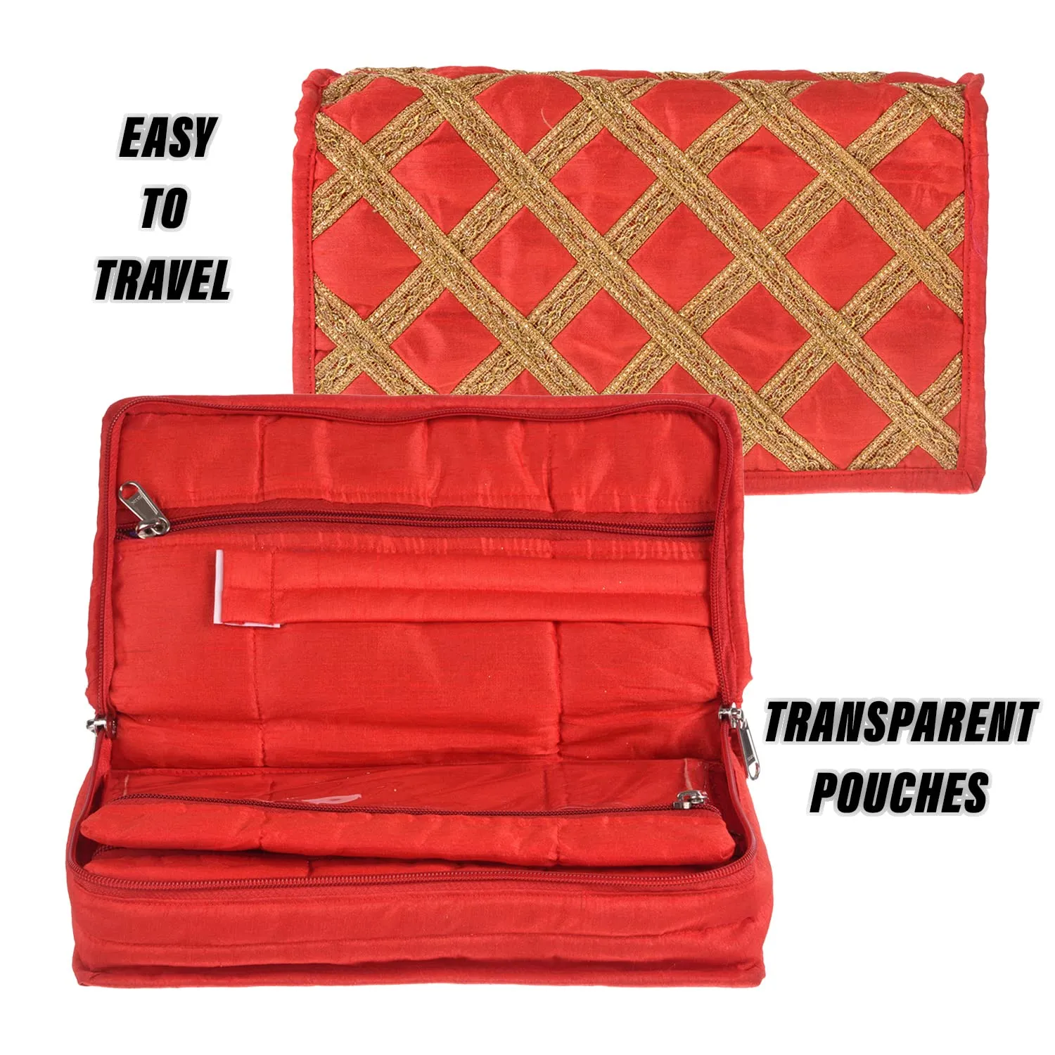 Heart Home Jewellery Organizer | Polyester Gota Lace Check Design Vanity Organizer | 4 Transparent Pouch & 1 Compartment Cosmatic Kit | Red
