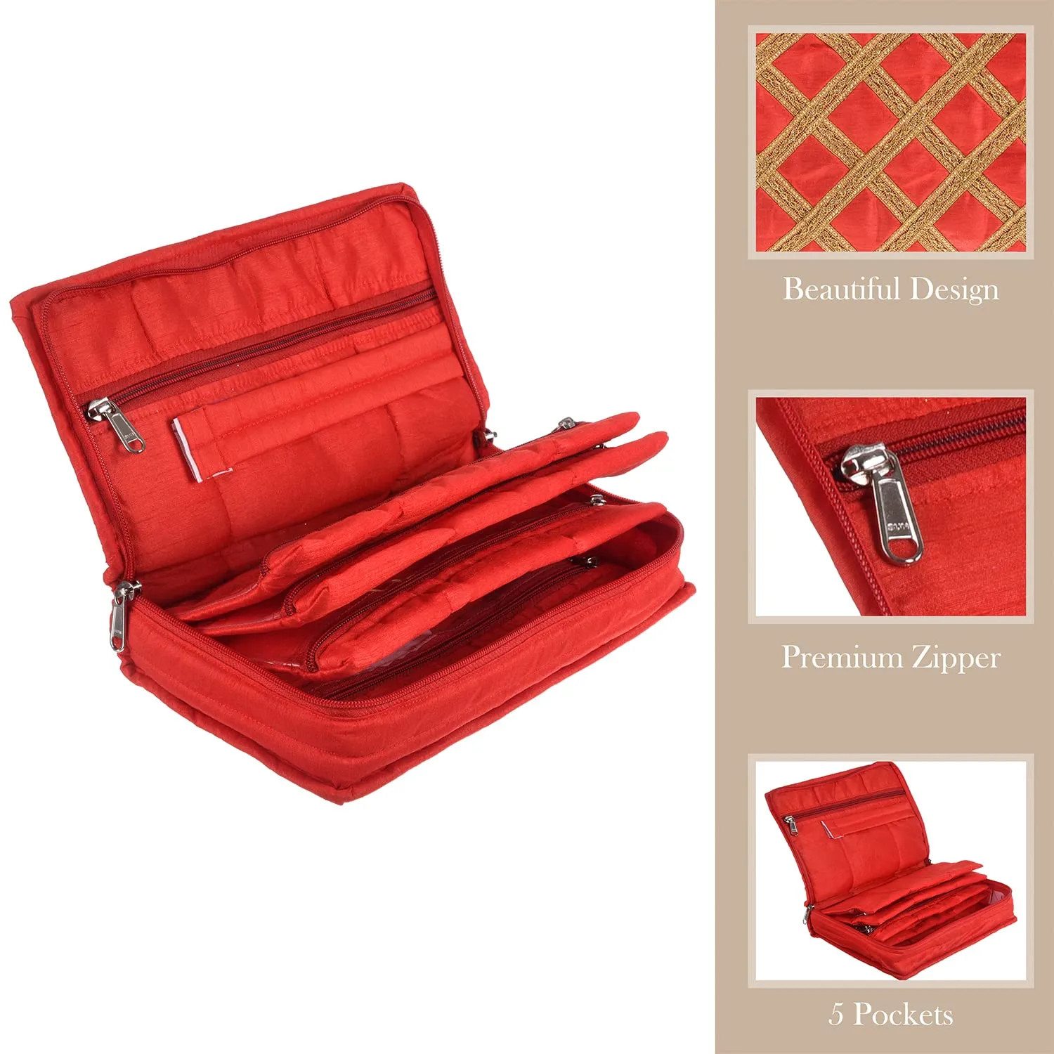 Heart Home Jewellery Organizer | Polyester Gota Lace Check Design Vanity Organizer | 4 Transparent Pouch & 1 Compartment Cosmatic Kit | Red